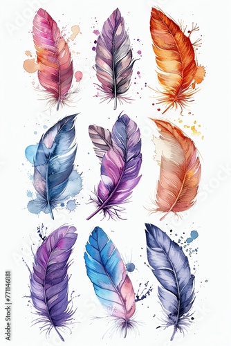 Bohoinspired feather set, handdrawn in delicate Japanese watercolor style, capturing the essence of free spirit and nature , high resolution DSLR, 8K, high detailed, super detailed , ultra HD, 8K reso photo