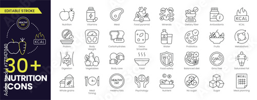 Nutrition Editable Stroke icon. Contains such Icons as Obesity, Caunt Calories, Healthy food, Palm oil free, Probiotics and more. Editable Outline icons collection. photo