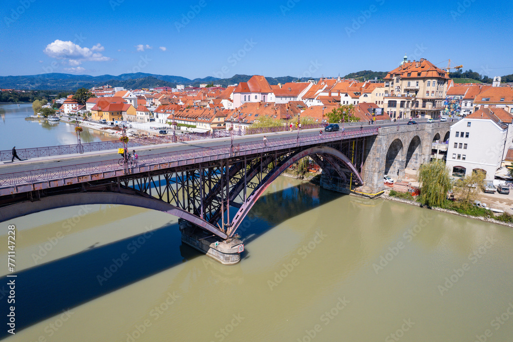 Maribor, Slovenia - Aerial view above the Slovenian city of Maribor and the Drava River
