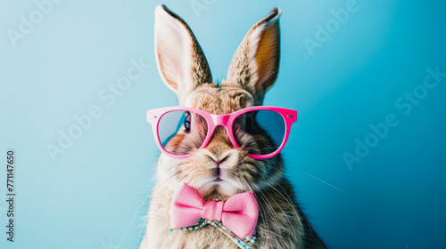 Funny easter concept holiday animal celebration greeting card - Cool easter bunny, rabbit with pink sunglasses and bow tie, isolated on blue background