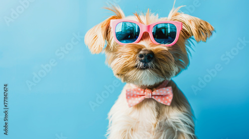 Funny easter concept holiday animal celebration greeting card - Cool easter dog, dog with pink sunglasses and bow tie, isolated on blue background © Rup-pa
