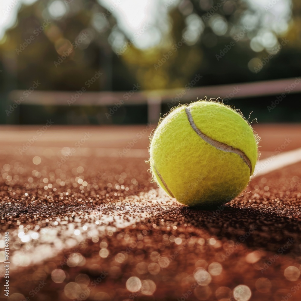 Golden hour tennis ball on clay court - A tennis ball bathed in the warm glow of the sunset lies on a clay court, signifying the day's end of play
