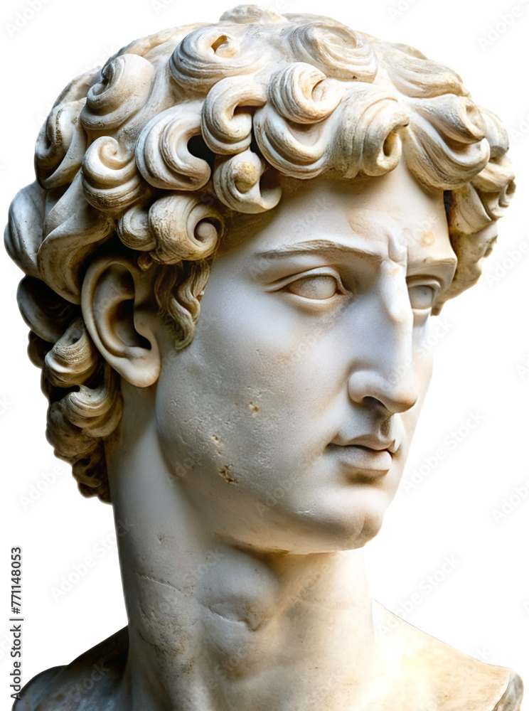 Head of an antic marble statue depicting man with curly hair Head of an antic marble statue depicting man with curly hair