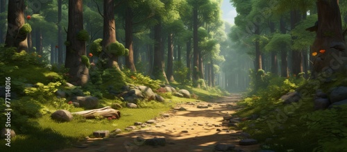 A dirt road winds through a dense forest, flanked by towering trees, terrestrial plants, and lush greenery, creating a natural landscape filled with beauty and tranquility