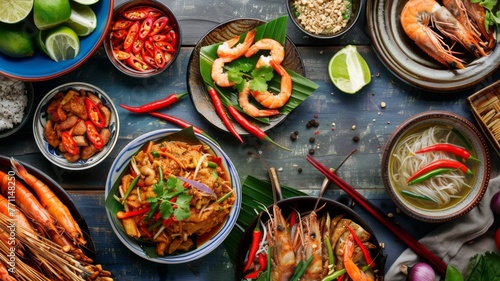 Assorted Thai seafood dishes on table - A vibrant array of Thai seafood dishes on a wooden table, featuring cultural cuisine, diversity, and the essence of traditional Thai cooking