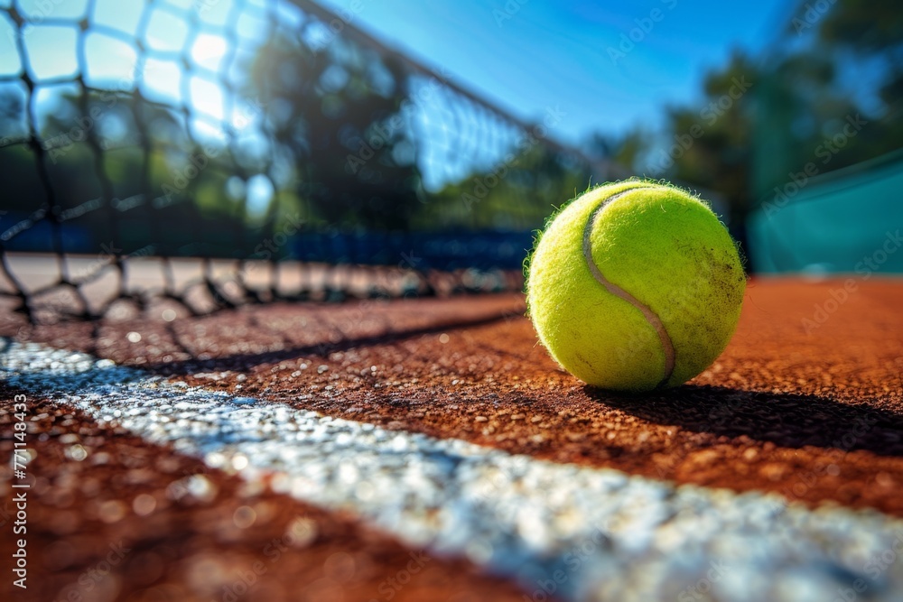 Close-up tennis ball on a red clay court - Close-up of a yellow tennis ball on the baseline of a clay tennis court, symbolizing precision and focus