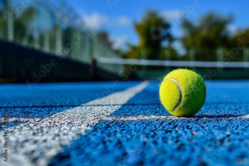 Close-up of tennis ball on blue court surface - A detailed image showing the texture and fuzz of a tennis ball lying on the vibrant blue surface of a tennis court, with white boundary lines © Tida