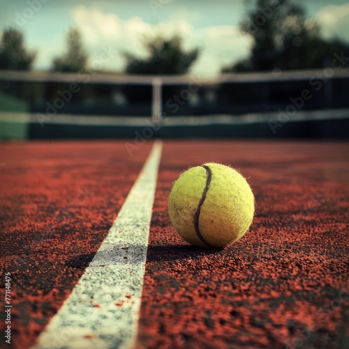 Tennis ball at the centerline of a clay court - A carefully focused picture of a tennis ball on the dusty red surface of a clay tennis court, emphasizing the white centerline