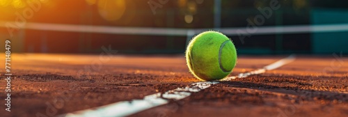 Tennis ball on a clay court close to the line - Close-up of a vibrant yellow tennis ball on a dusty red clay tennis court, showcasing precision and sportsmanship © Tida