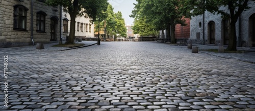 An empty cobblestone street lined with trees and buildings, creating a picturesque urban scene with a mix of natural and manmade elements