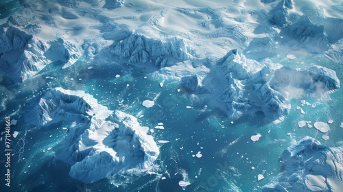 Multiple icebergs floating in the ocean as seen from above, showcasing the vast expanse of icy formations.