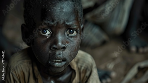 Close-up of hungry African child's face in cinematic portrait style. A hungry child faces the camera with pleading eyes and a desolate expression from the daily struggle for food. photo