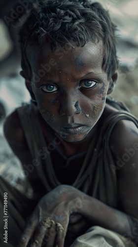 Close-up of hungry African child's face in cinematic portrait style. A hungry child faces the camera with pleading eyes and a desolate expression from the daily struggle for food.