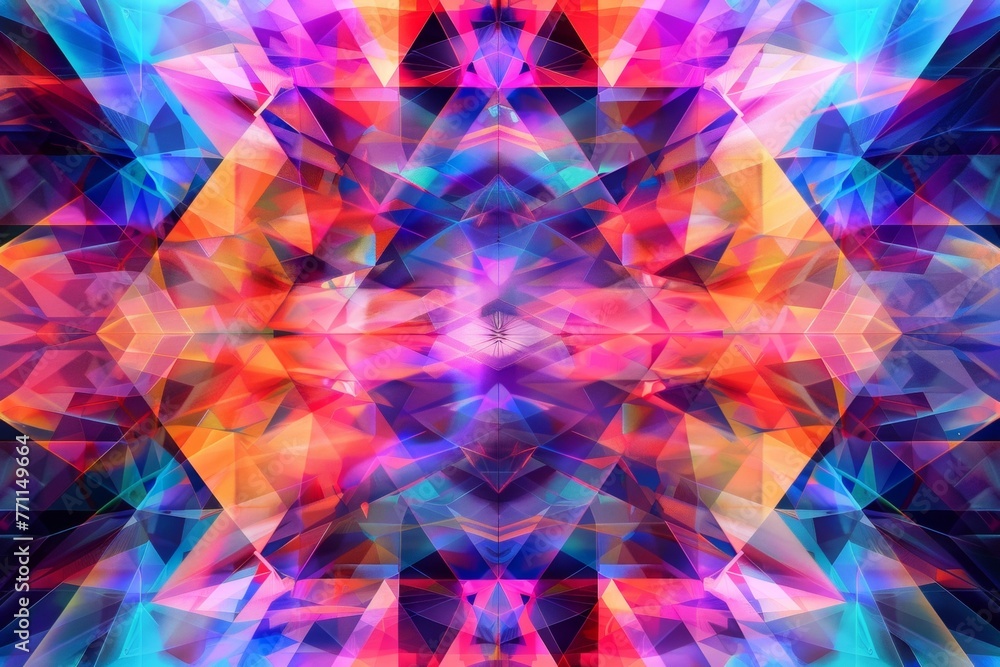 Kaleidoscopic geometric design, mirrored triangles, neon and holographic effects Kaleidoscopic geometric design, mirrored triangles, neon and holographic effects