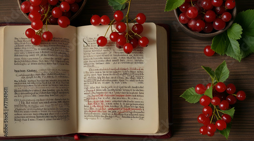 Fruit of the Spirit handwritten text note on open holy bible with fresh red currants. Top view. Spiritual fruits, Galatians book.generative.ai photo
