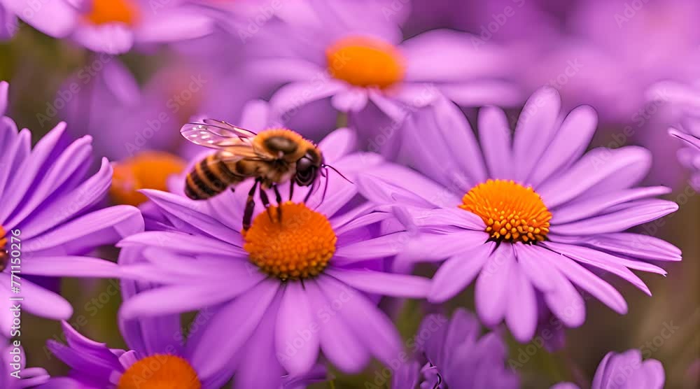 Nature's Dance: Slow-Motion Closeup of a Bee Flying on Purple Violet Daisy Flowers
Nature's Dance: Slow-Motion Closeup of a Bee Flying on Purple Violet Daisy Flowers