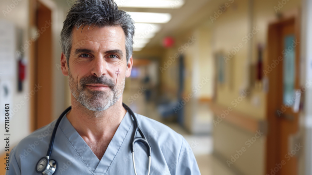 A man in a white lab coat is smiling for the camera. He is a doctor and is standing in a hallway. A man in a white lab coat is smiling for the camera. He is a doctor and is standing in a hallway.