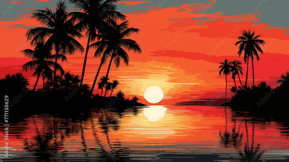 Tropical beach evening landscape with palm tree silhouettes on red orange sky background. Colorful gradient flat illustration of a palm island for travel poster, retro style landscape wallpaper