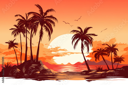 Tropical beach evening landscape with palm tree silhouettes on red orange sky background. Colorful gradient flat illustration of a palm island for travel poster  retro style landscape wallpaper