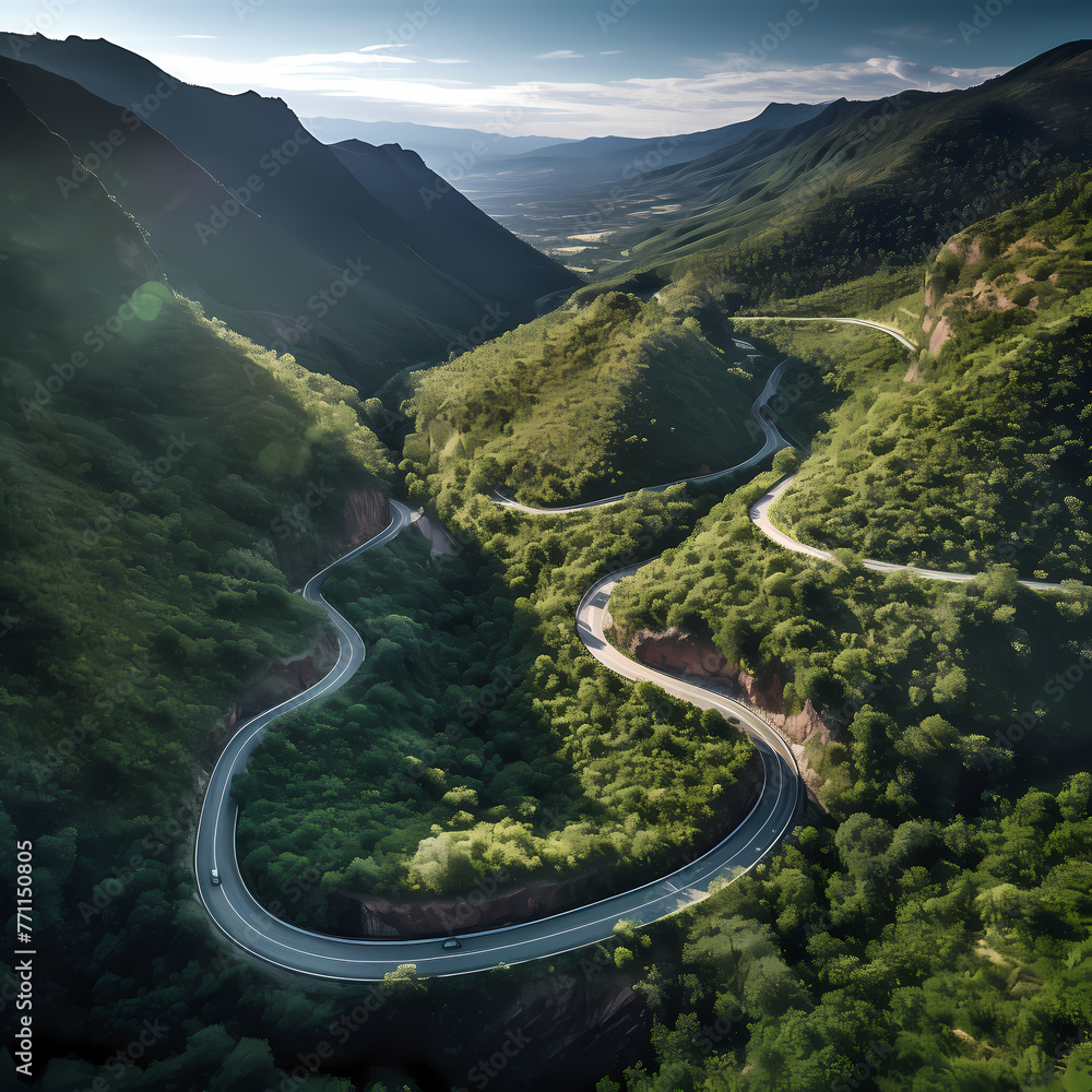 Aerial view of a winding mountain road.