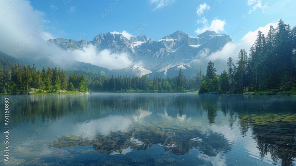 Crystal clear mountain lake, reflective serenity