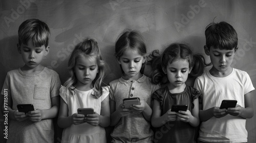 Group of kids, engrossed in smartphones, standing against a minimalist backdrop, depicting digital dominance, in a 60s monochrome style.