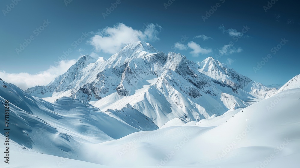Obraz premium Snowy mountain peaks under clear blue skies, panoramic copy space