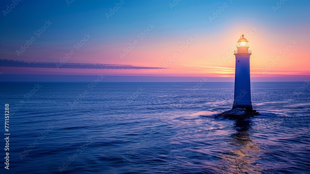 Solitary lighthouse at dusk, guiding light theme