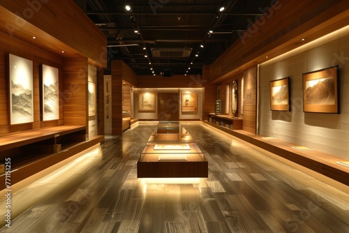 Modern exhibit with quadruple framing illuminated by subtle recessed lighting.