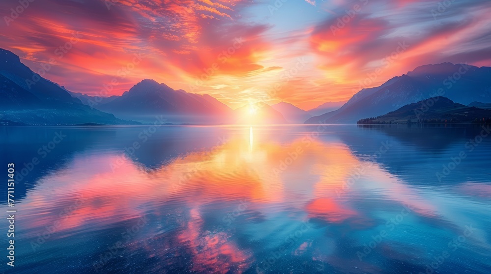 Tranquil lake reflecting a fiery sunset, calmness