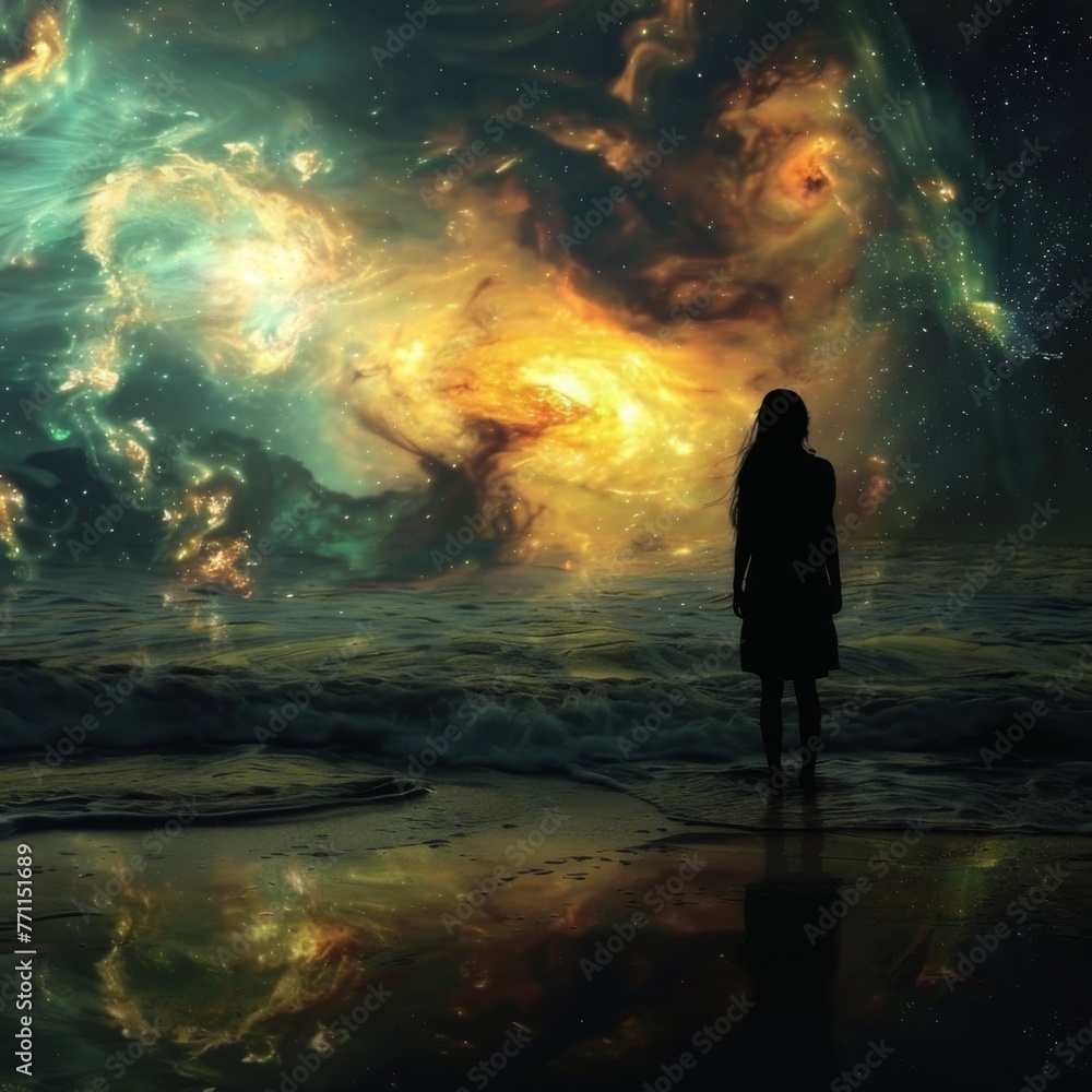 Woman standing before cosmic night sky - A lone figure is silhouetted against a magnificent cosmic landscape, evoking a feeling of wonder and exploration Woman standing before cosmic night sky - A lone figure is silhouetted against a magnificent cosmic landscape, evoking a feeling of wonder and exploration