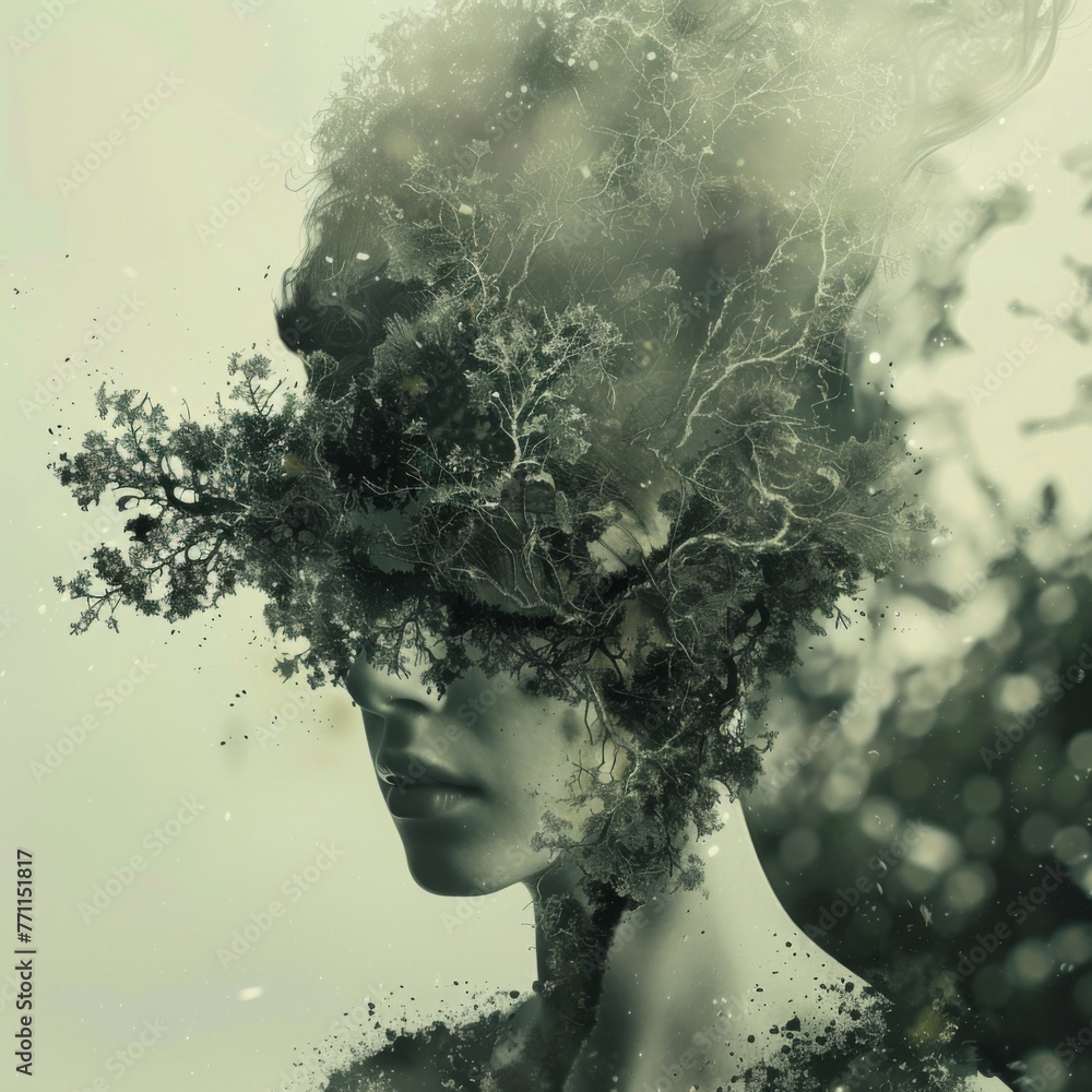 Surreal portrait of a woman with tree branches - A conceptual portrait of a woman with her head merging into tree branches, symbolizing growth and nature Surreal portrait of a woman with tree branches - A conceptual portrait of a woman with her head merging into tree branches, symbolizing growth and nature
