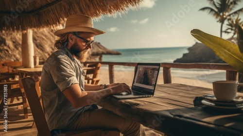 Digital nomad working from a beach with a laptop