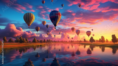 Hot air balloon festival with a vibrant sunset background