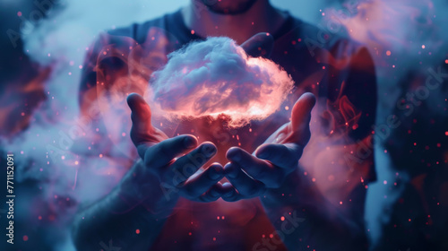 A person is holding a cloud in their hands. The cloud is surrounded by smoke, giving it a mystical and ethereal appearance. Concept of wonder and awe