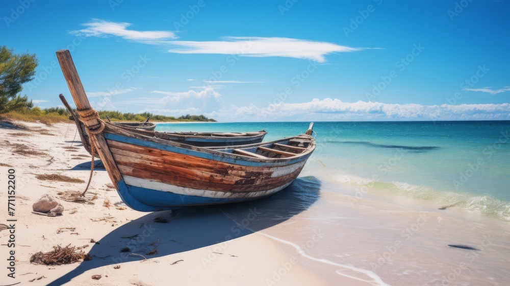 Rustic wooden fishing boats on a tranquil beach Rustic wooden fishing boats on a tranquil beach