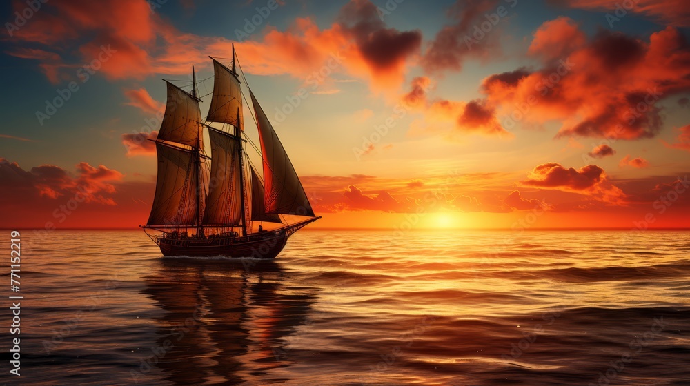 Sailboat with a full sail against a setting sun