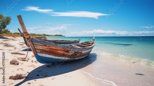 Rustic wooden fishing boats on a tranquil beach © Anuwat