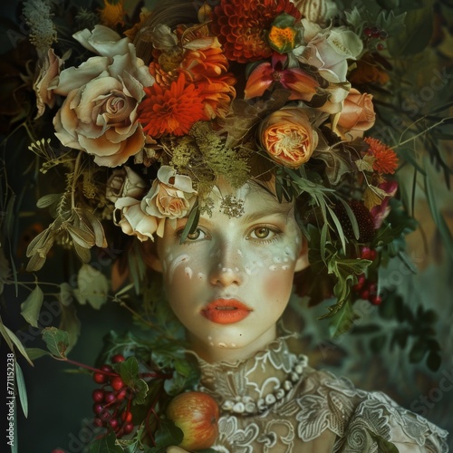 Artistic portrait with a floral headdress - Lavishly detailed portrait of a woman adorned with a rich floral headdress, exuding a sense of nature and fantasy
