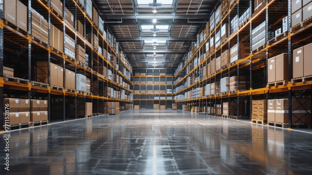 Organized modern warehouse interior showcases efficiency in logistics and supply chain management