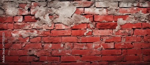 A detailed shot of a red brick wall with peeling paint, showcasing the intricate pattern of brickwork and the unique texture of the composite material