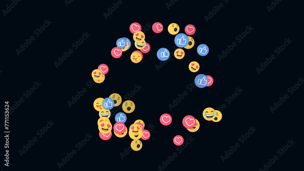 An explosion pop of positive reaction emojis on Social media platforms. Concept reacting to a popular and viral post or video. Graphic effects. An explosion pop of positive reaction emojis on Social media platforms. Concept reacting to a popular and viral post or video. Graphic effects.