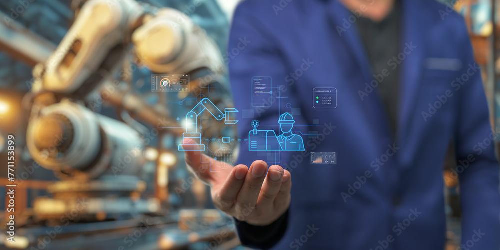 Control the work with an infographic screen. Precision engineering A robotic arm at work in a fully automated facility. Control the work of the robotic arm with an infographic screen. Control the work with an infographic screen. Precision engineering A robotic arm at work in a fully automated facility. Control the work of the robotic arm with an infographic screen.