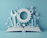 3D minimalist book, hand tools and gear floating, pastel indigo background, mechanical knowledge theme