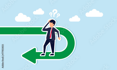 Critical business pivot, shifting direction, reversing trend due to interest rate change, concept of Disheartened investor gazes at backward path, feeling thwarted by reversal