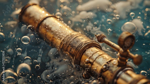 Antique telescope submerged underwater with bubbles and golden highlights