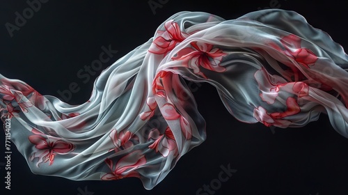 Graceful red floral pattern on sheer white fabric floating on dark background 