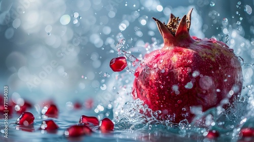 Fresh pomegranate splashing water surrounded by arils on blue background photo