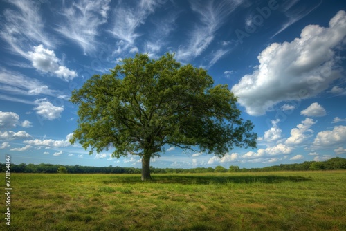 Majestic solitary tree in a lush field - A single large tree stands prominently in the center of a green field under a dynamic, cloudy blue sky