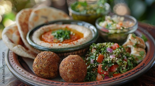 Traditional Middle Eastern falafel and hummus platter with fresh herbs 